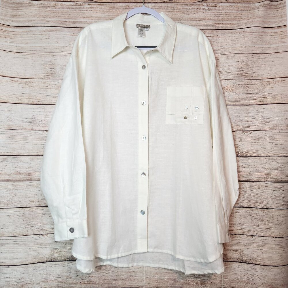 Coldwater Creek Linen Blend Shirt Womens 3X White Cream Button Front Long Sleeve